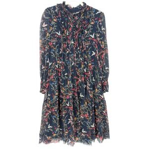 The Kooples Silk Bird Floral Ruffle Tiered Romantic Sheer Chiffon Dress Parisian
